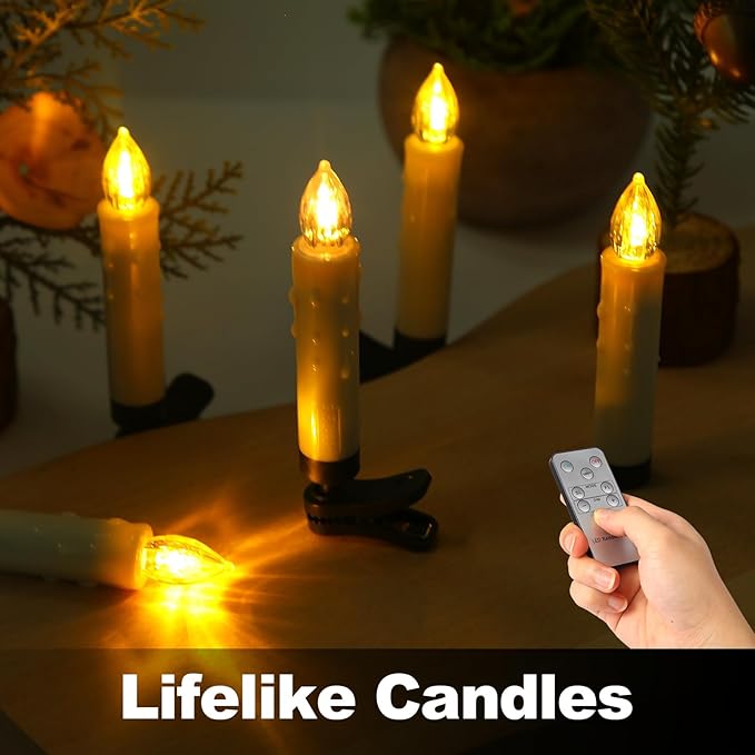 LED Christmas Candles, Flickering Clip on Candles for Christmas Tree, Battery Operated with Remote Timer, Warm White Light, Flameless Taper Candles for Home Christmas Decor, Set of 20-VerdiqueGarden