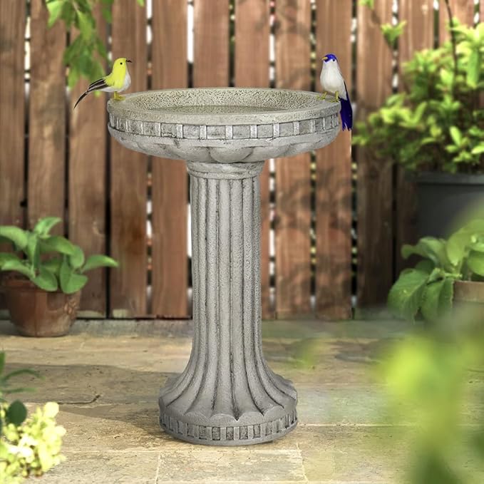 SKYFIRE 24 Inch Height Outdoor Bird Bath - Fibre Reinforced Concrete Large Bird Bath Stylish with Modern Pedestal for Garden, Patio, Lawn, Backyard - 16”W X 24”H Contemporary Birdbaths & Supports-VerdiqueGarden