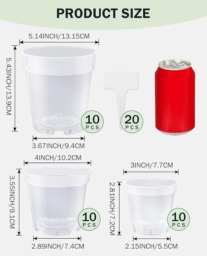 homenote Clear Nursery Pots for Plants,4 Inch Plant Pot for Planting Plastic Seedling with Drainage Holes Seed Starter Flower High Transparency 20 Labels Exclusive Material Excellent Hardness(30 Pack)-VerdiqueGarden