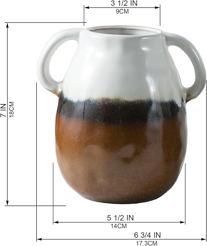 Multi Gradient Ceramic Vase with 2 Handles, Modern Farmhouse Decor, Rustic Terracotta Pottery, Decorative Flower Vases, Clay Small Vase, Centerpiece for Dining Table - 7 Inch Tall-VerdiqueGarden
