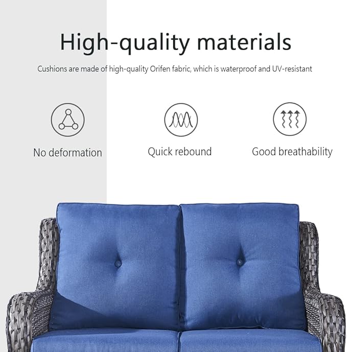 5 Piece Outdoor Patio Furniture Set - Wicker Furniture Patio Conversation Set, Outdoor Swivel Rocker Chairs with Loveseat Sofa and 2 Ottomans for Small Space, Blue Cushion-VerdiqueGarden