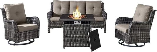 Outdoor Patio Furniture Set with 50000BTU Propane Fire Pit Table, 4 Pieces Wicker Patio Conversation Set with 2 Swivel Rocker Glider Chairs Rattan Sofa Grey Cushion Perfect for Gathering-VerdiqueGarden
