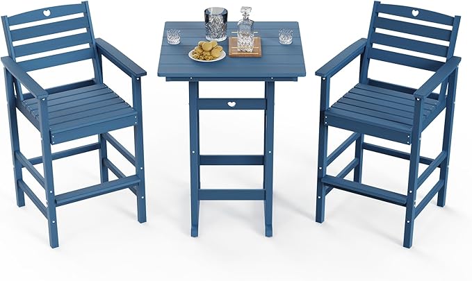 3-Piece Bar Height Patio Table and Chairs Set, HDPE Wood Grain Outdoor Bar Table and Chairs with Heart Cutout Design, Weather-Resistant Bar Height Furniture for Deck, Porch, Pool (Navy Blue)-VerdiqueGarden