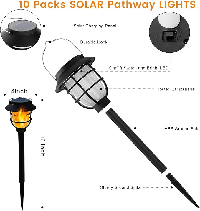 10 Pack Solar Pathway Lights Outdoor - Bright Solar Powered Garden Lights with Flickering Flame, Auto On/Off Waterproof Path Lights Decorative, Landscape Lighting for Yard Patio Walkway Driveway-VerdiqueGarden