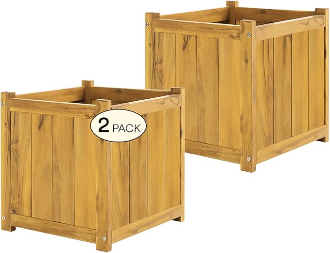 IDZO Set of 2 Acacia Wood Flower Planters for Outdoor Plants, Ergonomic Handles, Drainage Holes, Various Sizes, Ideal for Home Décor, Golden Teak-VerdiqueGarden