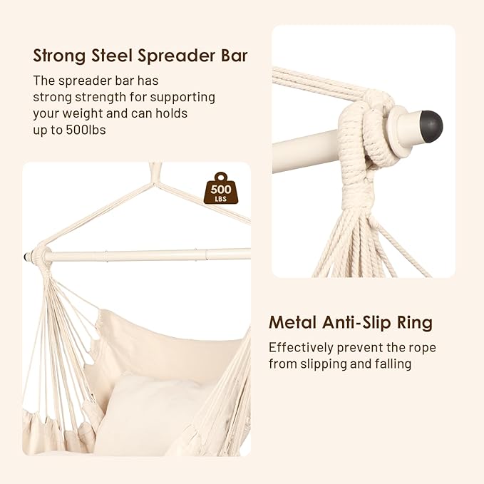 Highwild Hammock Chair Hanging Rope Swing - Max 500 Lbs - 2 Cushions Included - Steel Spreader Bar with Anti-Slip Rings - for Any Indoor or Outdoor Spaces (Beige)-VerdiqueGarden