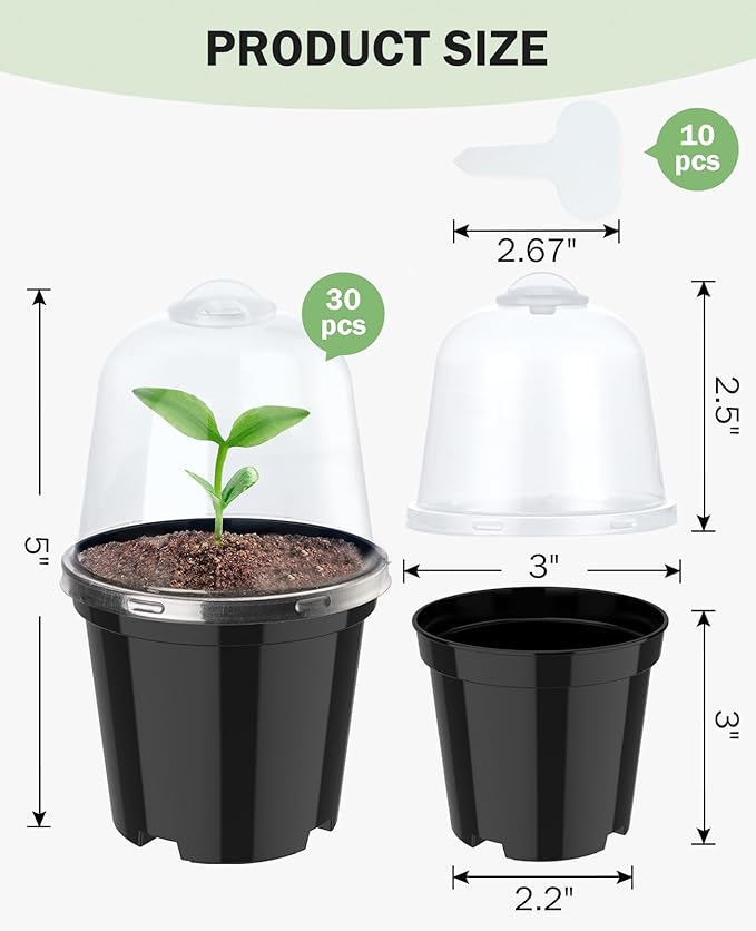 homenote Nursery Pots for Plants,3 Inch Plant Pot for Planting with Humidity Domes Plastic Seedling with Drainage Holes Seed Starter Flower with 10 Labels Black (30 Pack)-VerdiqueGarden