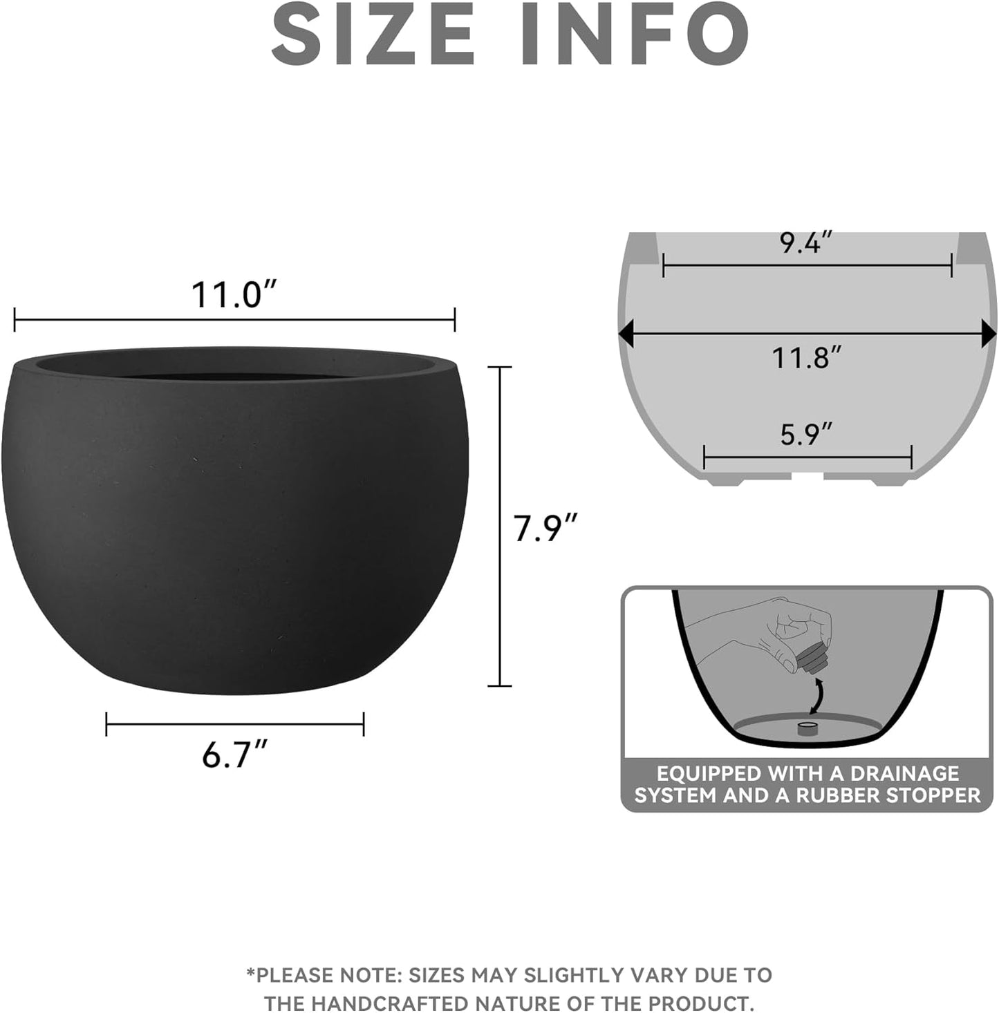 Kante 11.8" Dia Round Concrete Planter, Outdoor/Indoor Large Bowl Plant Pots with Drainage Hole and Rubber Plug for Garden Patio Balcony Home, Black-VerdiqueGarden