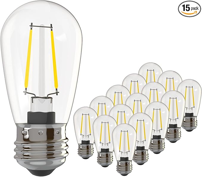 Banord 15 Pack Dimmable 2W S14 Replacement LED Bulbs, 2200K Waterproof Outdoor String Lights Vintage LED Filament Bulb, Shatterproof E26 Screw Base Edison LED Light Bulbs-VerdiqueGarden