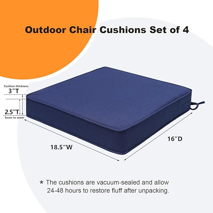 Square Corner Seat Cushions, 18.5" x 16" x 3", Set of 4, Indoor Outdoor Water Repellent Universal Chair Pads with Ties for Patio Furniture, Garden Deck Dining Chairs, Navy-VerdiqueGarden