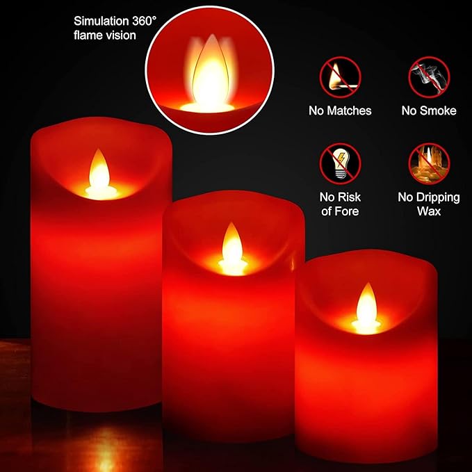 Flameless Battery Operated Flickering Candles:3PACK Red Real Wax Pillar Candle,Electric LED Candle with 10-Key Remote Control and 24 Hours Timer for Home Decoration Holiday Party-VerdiqueGarden