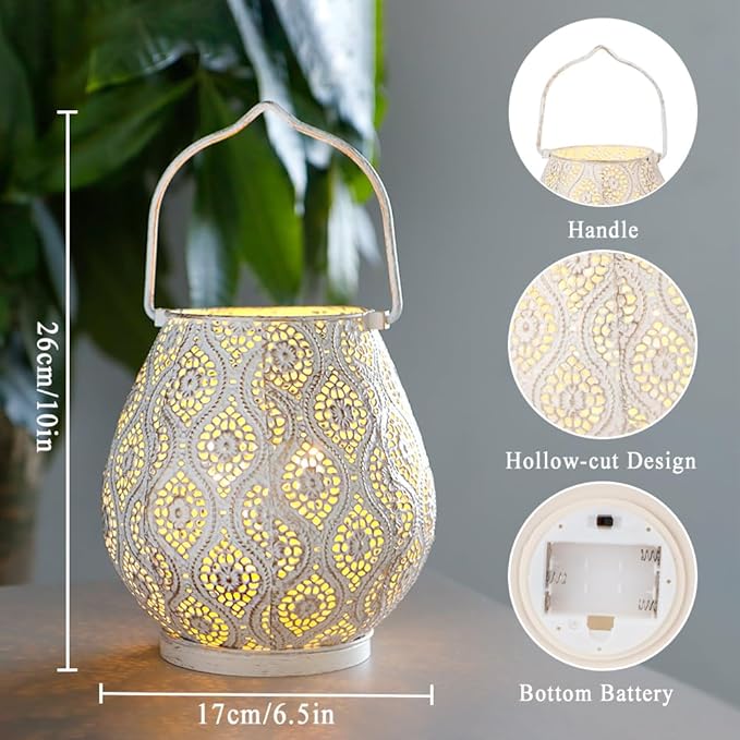 TRIROCKS Set of 2 Moroccan Decorative Lamps 8'' High Battery Powered Cordless Lamp Metal Table Lamps with Fairy Lights Bulb for Home Living Room Garden Yard Party Events Tabletop Indoor Outdoor(White)-VerdiqueGarden