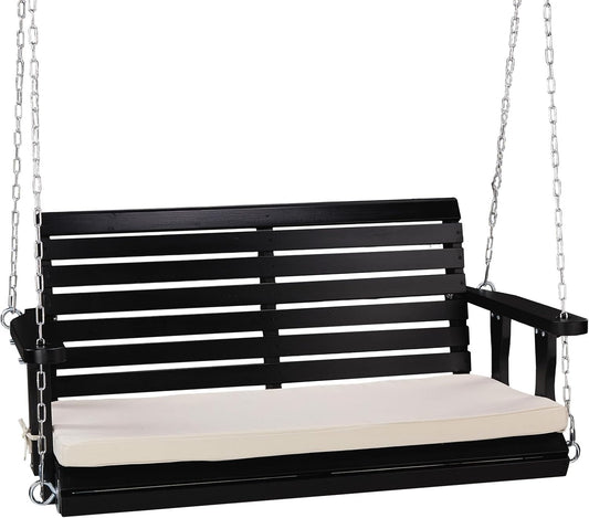 VINGLI Outdoor 4 FT Porch Swing, Heavy Duty 880 LBS Wooden Patio Swings with Cushions, Farmhouse Style Hanging Bench with Adjustable Chains for Yard | Garden | Lawn | Balcony, Black-VerdiqueGarden