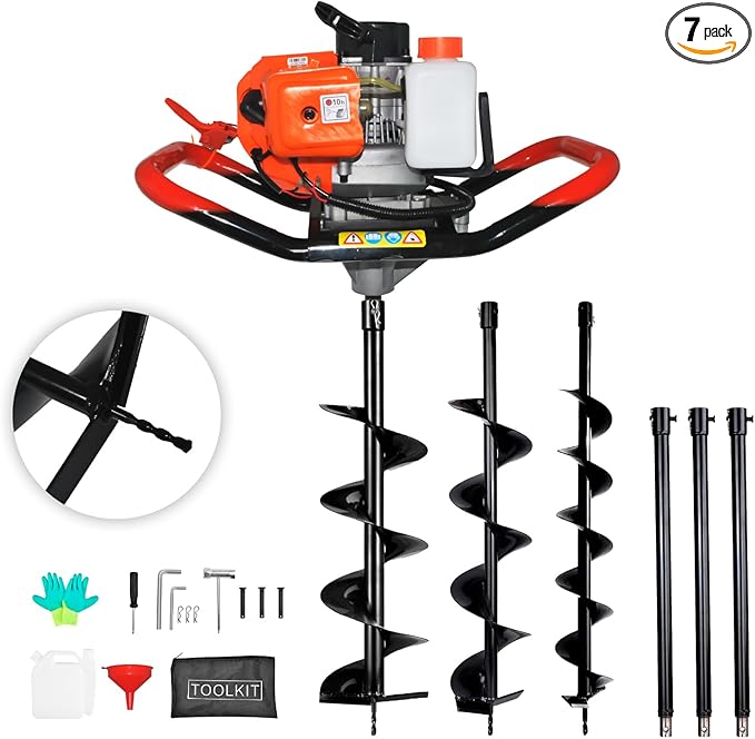 62cc 2.8HP Post Hole Digger Gas Powered, Gas Earth Auger/Ice Auger, with 2 Drill Bits 3"/6"/8" + 3 Extension Bar, One Man Earth Auger for Planting Fence, EPA Compliant Post Hole Auger-VerdiqueGarden