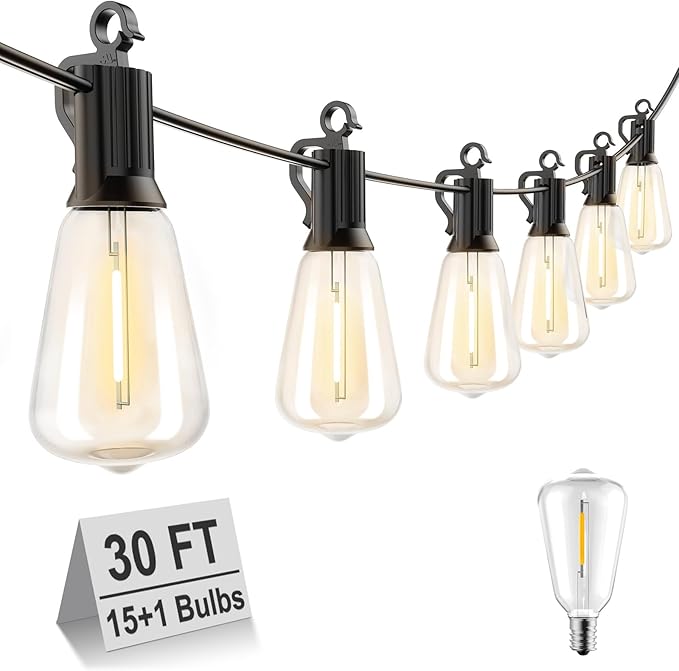 Brightown LED Outdoor String Lights 30FT for Patio with 16 Shatterproof ST38 Vintage Edison Bulbs, Waterproof Outside Hanging Lights for Backyard Deck Garden Party Xmas Decor, 2700K-VerdiqueGarden