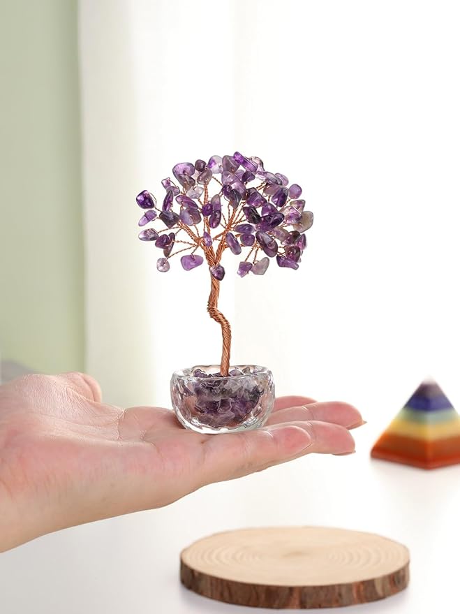 Jovivi Small Amethyst Crystals Tree, Natural Crystal Healing Stones Tree Glass Bowl Base Gemstone Money Trees Feng Shui Good Luck Home Desk Decor-VerdiqueGarden