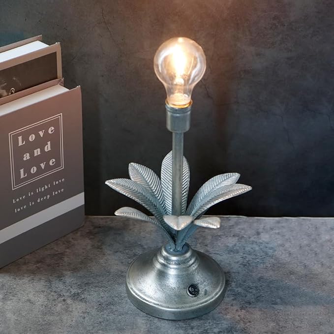 JHY DESIGN Battery Operated Lamp 13''H Vintage Decorative Cordless Lamp with LED Bulb Small Table Lamp for Bedroom Living Room Bedroom Kitchen Wedding Patio Home Decor (Antique Silver)-VerdiqueGarden