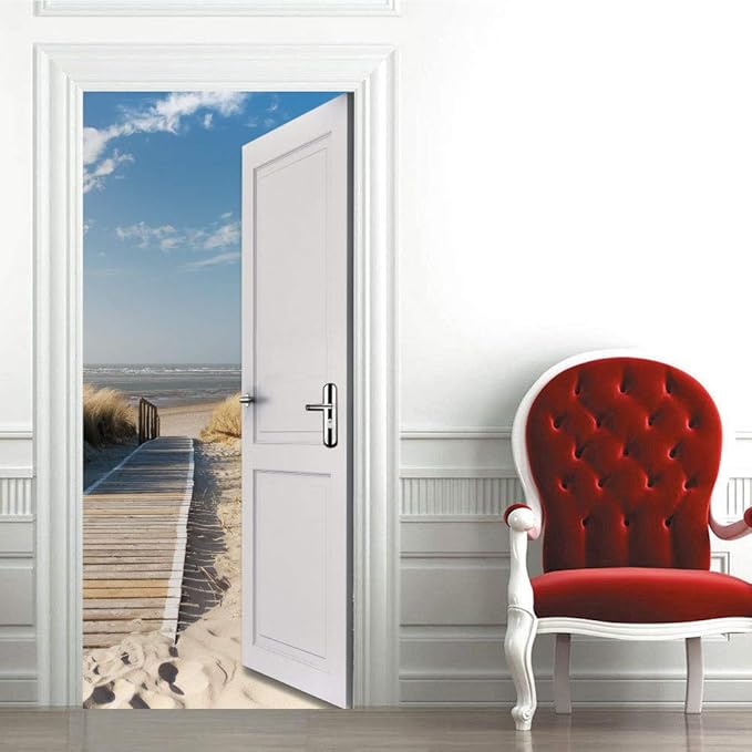 3D Door Stickers Murals Peel and Stick - Outer Beach Road - Door Wallpaper Self-Adhesive Door Decals Removable PVC Waterproof Door Poster for Bedroom Living Room Door Decoration 37.4" x 82.7"-VerdiqueGarden