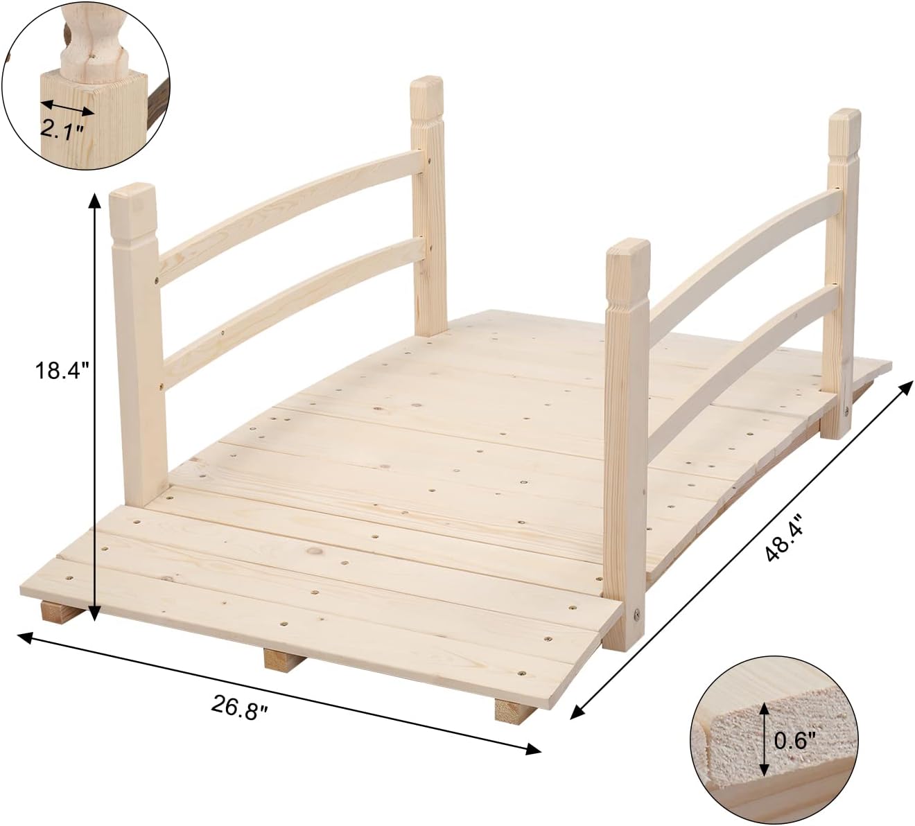 VINGLI 4 ft Garden Bridge, Arch Walkway Wooden Bridge with Safety Rails Natural Finished, Decorative Landscaping Footbridge for Koi Pond, Dry Creek Bed, Garden Pathway or Japanese Zen Decor-VerdiqueGarden