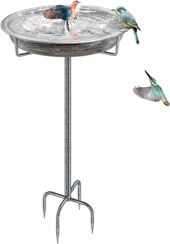 Metal Bird Bath for Outdoors Garden Birdbath Bowl, 36.2" Height Freestanding Bird Feeders for Outside with 4 Prongs Base Stake, Standing Birdfeeders for Yard Lawn Decor (Retro Silver)-VerdiqueGarden