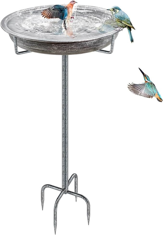 Metal Bird Bath for Outdoors Garden Birdbath Bowl, 36.2" Height Freestanding Bird Feeders for Outside with 4 Prongs Base Stake, Standing Birdfeeders for Yard Lawn Decor (Retro Silver)-VerdiqueGarden