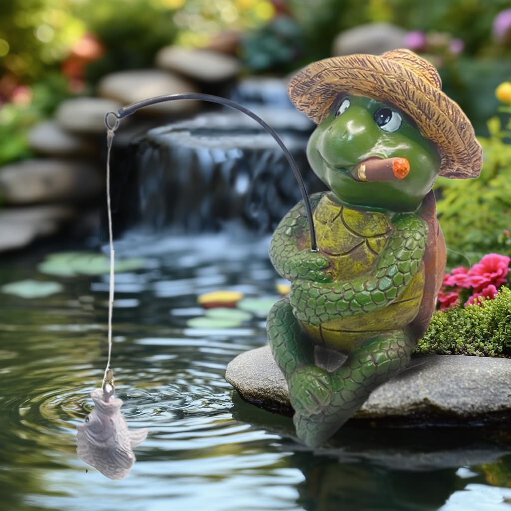 Tortoise Fishing Statue Garden Decor，9.8" Weatherproof Resin Tortoise Fishing Sculpture Decor for Fish Ponds, Koi Ponds, Waterfalls, Poolside Outdoor Gardens Resin Figurine for Indoor Outdoor Décor-VerdiqueGarden