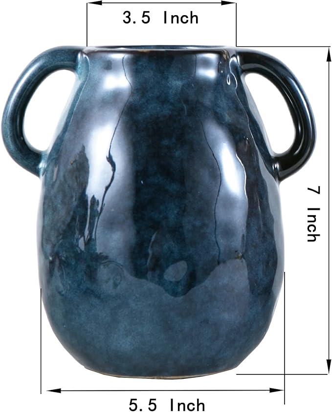 Blue Ceramic Vase with 2 Handles, Modern Farmhouse Decor, Rustic Terracotta Pottery, Decorative Flower Vases, Clay Small Vase, Centerpiece for Dining Table - 7 Inch Tall-VerdiqueGarden