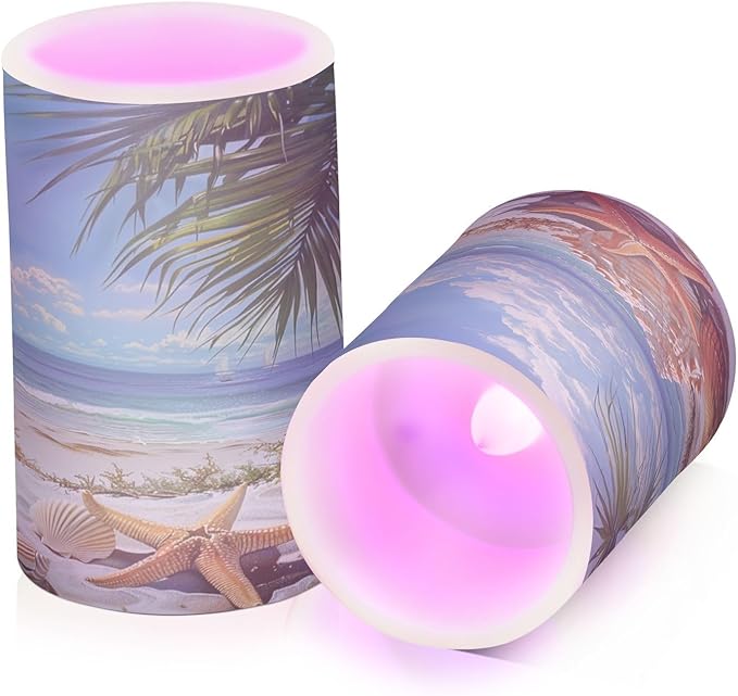 Flickering Flameless Candles, Starfish Seashell Beach Palm LED Candles with Remote Timer, Set of 2 Battery Operated Candle for Valentine Wedding Birthday-VerdiqueGarden