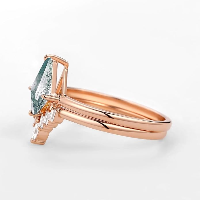 Natural Moss Agate Bridal Ring Set for Women 1CT Kite-cut Moss Agate Engagement Ring Set 925 Sterling Silver 10K 14K 18K Gold Classic Wedding Ring Set