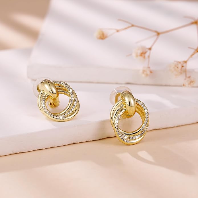 14K Gold Plated Chunky Clip On Earrings for Women 14k Gold Knot Link Clip Earrings Silver Rhinestone Hoop Clip On Earrings Jewelry for Women