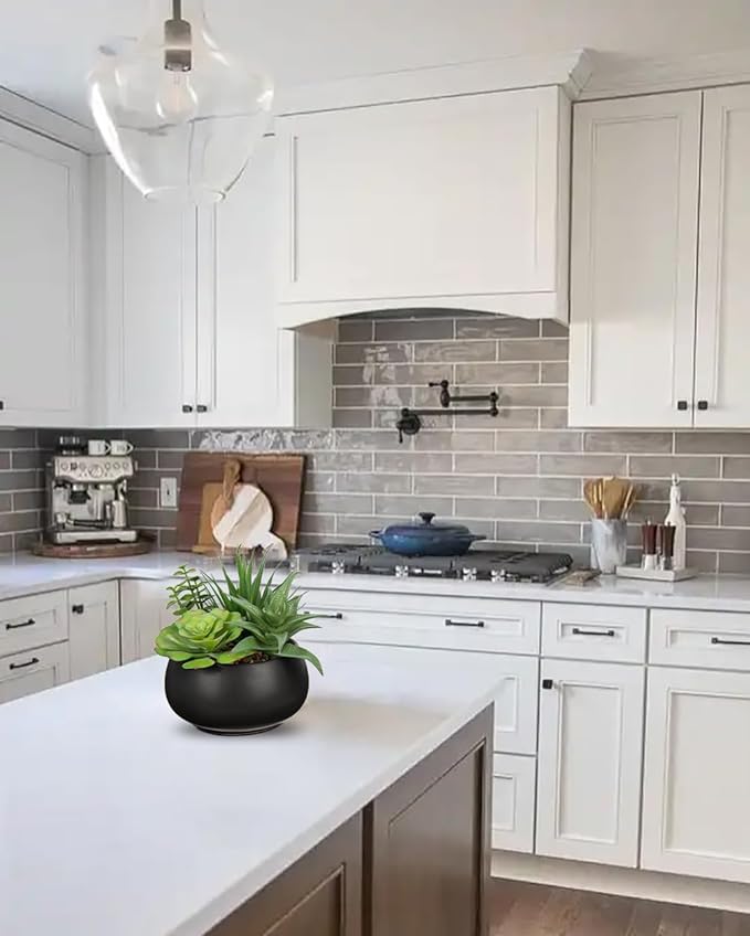 Fake Plants Artificial Succulents in Pots Faux Succulent Arrangement Potted Plant with Black Ceramic Pot for Home Decor Modern Office Desk Bathroom Shelf Living Room Indoor & Outdoor Decoration-VerdiqueGarden