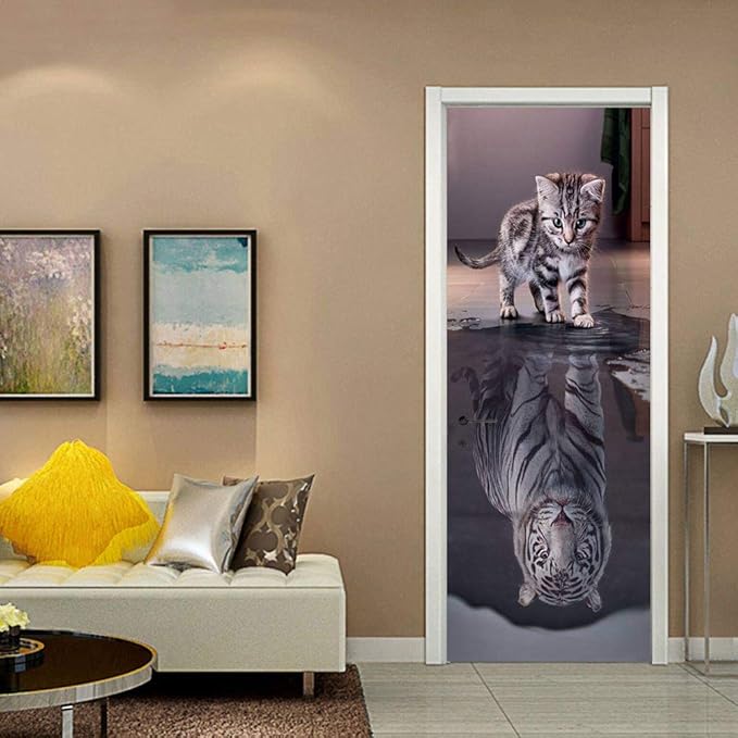 3D Peel and Stick Wall Murals - Cat Becomes Tiger - Self-Adhesive Removable PVC Waterproof Door Poster for Bedroom & Living Room - 34.6" x 78.7"-VerdiqueGarden