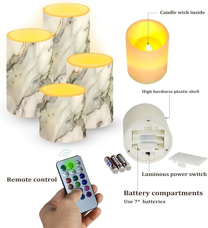 Flameless LED Candles Electric Candles with Remote Timer Control Color Changing Long Lasting Pillar Candles Tealights for Home Indoor Outdoor Decoration Pack of 4, Grey White Marble-VerdiqueGarden
