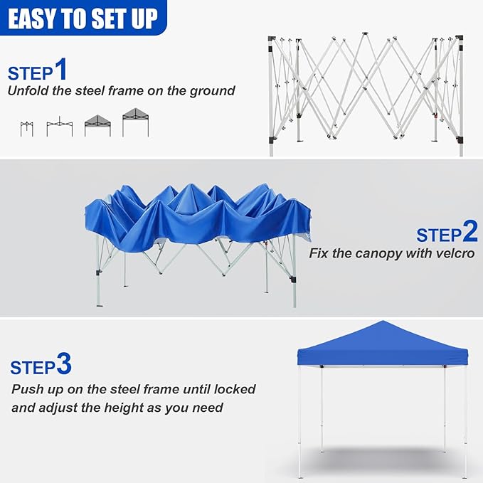 10x10ft Pop Up Canopy Tent,Heavy Duty Waterproof Folding Tent for Camping Parties Events Parties,Outdoor Canopy,Portable Sun Shelter,3 Adjustable Height(Blue)-VerdiqueGarden