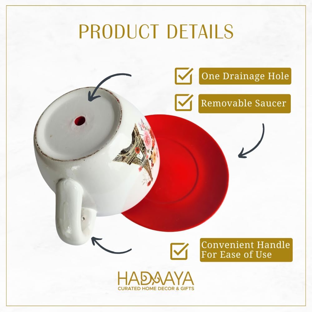 7.5" Ceramic Teacup Planter Pot with Saucer | Ideal for Succulents, Orchids, Herbs & Flowers | Indoor & Outdoor Use | Thoughtful Gift for Wedding & Home Decor & More - RED - Paris Eiffel Tower-VerdiqueGarden