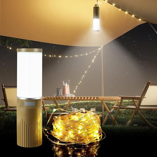 Camping Lantern with 49.2FT String, 2 in 1 Outdoor Warm White String Lights with 4 Modes & 5 Modes Rechargeable Camping Lamp IPX4 Waterproof Portable LED Tent Light for Outdoor Yard Garden Decoration-VerdiqueGarden