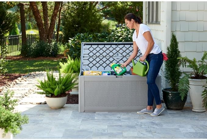Rubbermaid Extra Large Resin Outdoor Storage Deck Box (134 Gal), Weather Resistant, Gray, Deck Organization for Home/Backyard/Pool Chemicals/Toys/Garden Tools/Porch/Patio Cushions-VerdiqueGarden