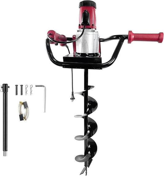 JACKCHEN 1500W Electric Post-Hole Digger with 6-Inch Auger Bit, Earth Auger Drill, Auger Bit Earth Auger, Ideal for Post Hole Digging, Drilling, Tree Planting, Red-VerdiqueGarden