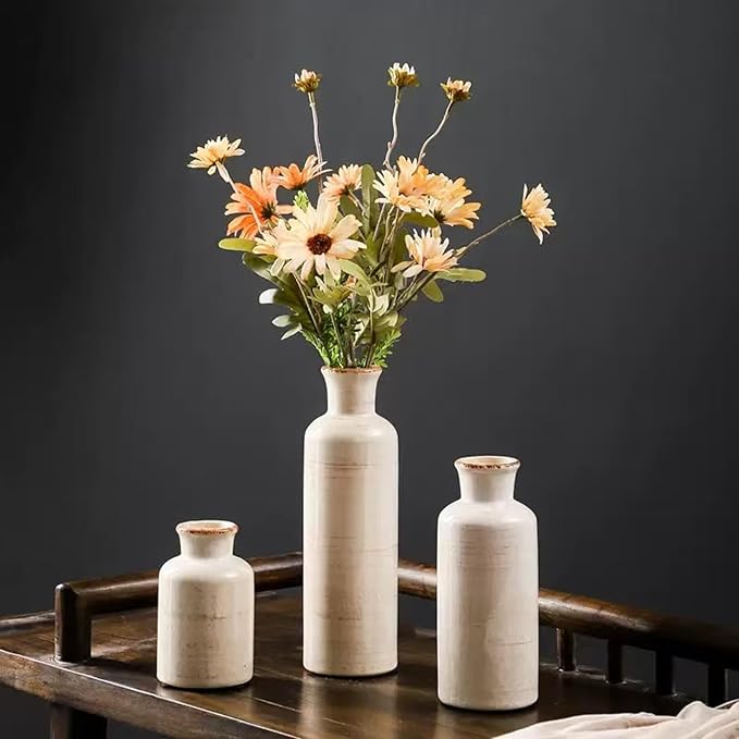 Ceramic Vase Set of 3,Modern Small Vase for Flowers,Rustic Vintage Ceramic Flower Vases for Home Decor,Decorative Vases for Table Centerpiece,Bookshelf,Fireplace and Entryway-VerdiqueGarden