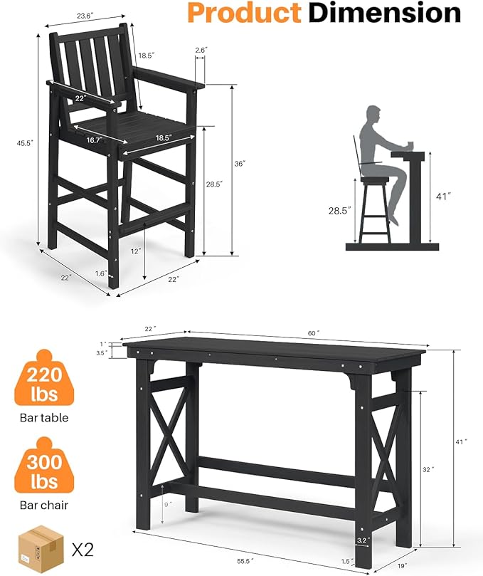 3 Pieces HDPE Outdoor Bar Table and Chairs Set, Tall Adirondack Chairs Set of 2 with Rectangular Bar Table, Patio Bar Stools Set, HDPE Outdoor Patio Bar Set for Balcony, Porch, Deck, Obsidian-VerdiqueGarden