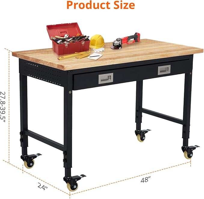 48x24 Inch Heavy-Duty Adjustable Workbench with Rubber Wood Top – 2000LB Capacity Mobile Garage Workstation with Drawer, Ideal for Workshop, DIY & Tool Storage-VerdiqueGarden