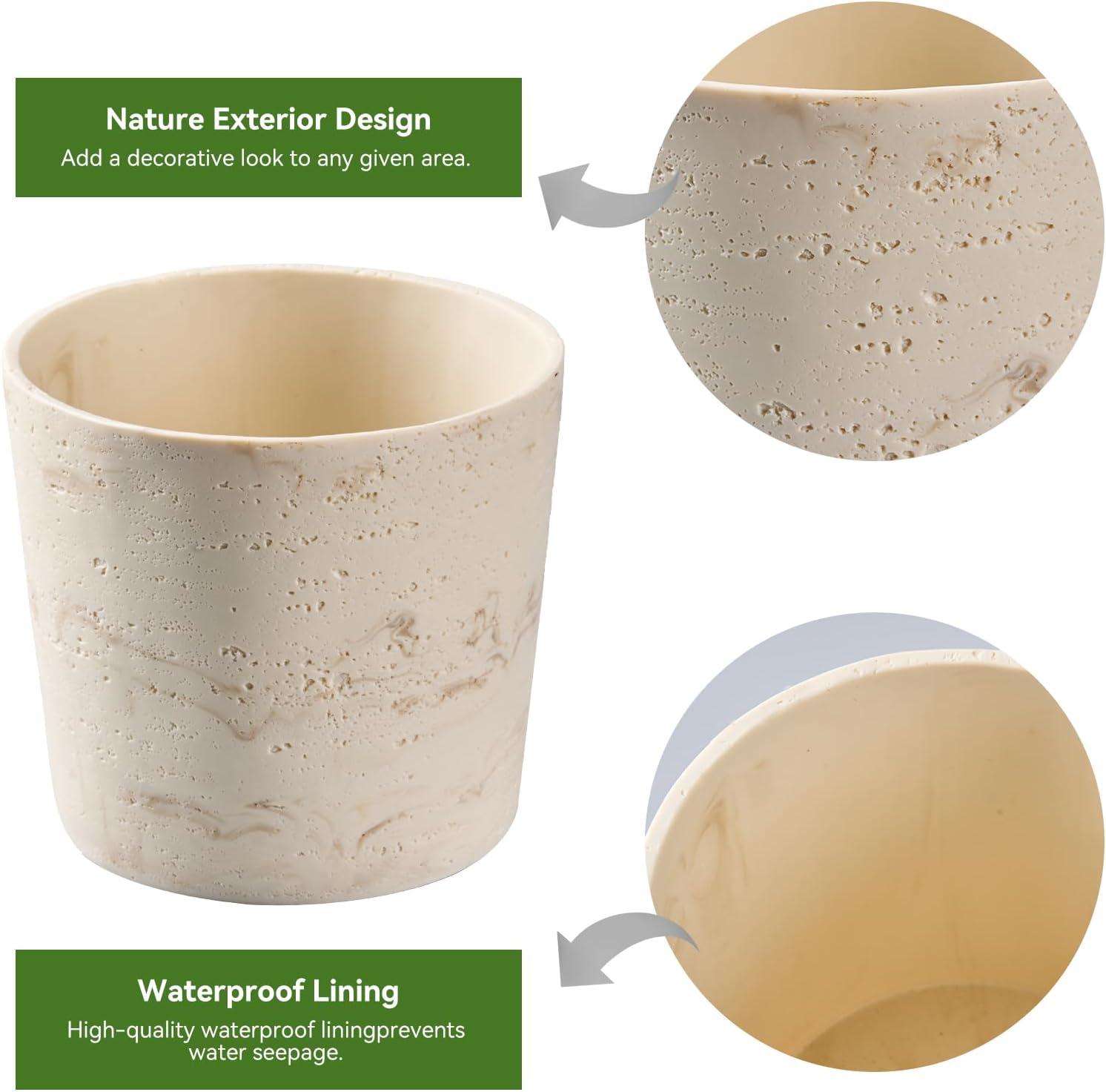 Ekirlin 7 Inch Natural Travertine Textures Plant Pot, Resin Outdoor Planter with Drainage Hole, Removable Rubber Stopper and Non-Slip Soft Pad,Weatherproof Decorative Pot for Indoor/Garden Plants-VerdiqueGarden