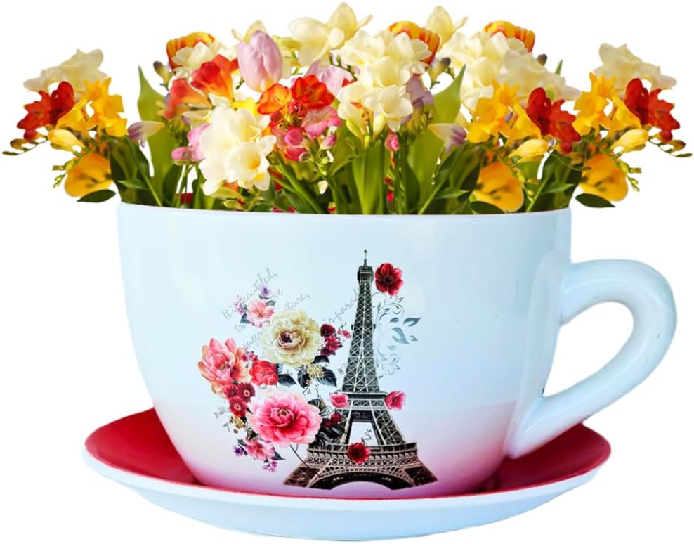 7.5" Ceramic Teacup Planter Pot with Saucer | Ideal for Succulents, Orchids, Herbs & Flowers | Indoor & Outdoor Use | Thoughtful Gift for Wedding & Home Decor & More - RED - Paris Eiffel Tower-VerdiqueGarden
