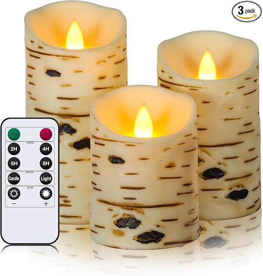 Metaku Flameless Candles Battery Operated Set of 3 Birch Bark LED Pillar Candles with Remote,3D Moving Wick Electric Decorative Candles for Christmas Party Wedding Home Bedroom,D 3"×H4 5" 6"-VerdiqueGarden