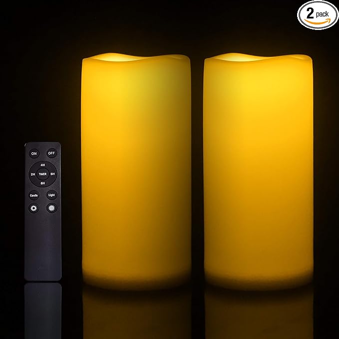 Waterproof Outdoor Flameless Candles with Remote, Set of 2, Large 4” x 8” Battery Operated Electric LED Pillar Candle Set for Home Décor Party Wedding Supplies Garden Christmas Decoration Gift-VerdiqueGarden
