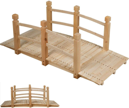 HAPPYGRILL Wooden Bridge, Natural Wood Garden Bridge with Guardrails, Outdoor Pond Bridge for Garden Backyard Decoration 5FT-VerdiqueGarden