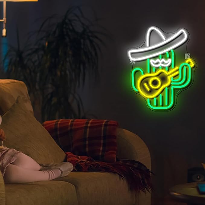 WLHOPE Cactus Neon Sign Cowboy Hat Neon Signs Green Led Neon Signs for Wall Decor, Guitar Cactus Neon Led Signs USB Anime Neon Light for Bedroom Game Room Kids Room Home Bar Party Shop Gift-VerdiqueGarden