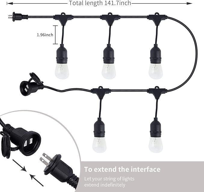 FRIDEKO HOME Waterproof Outdoor String Lights - 12Ft Commercial Grade Patio Lights Heavy Duty Light String Hanging Light Fixture with 11W S14 Bulbs for Deckyard Garden Porch Party Decor-VerdiqueGarden