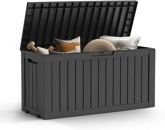 Mars Villa 72 Gallon Deck Box, Outdoor Storage Box Waterproof, Outside Resin Storage Bin for Patio Furniture Cushions, Pool Supplies, Garden Tools, UV-Resistant and Weatherproof, with 4 Wheels, Black-VerdiqueGarden