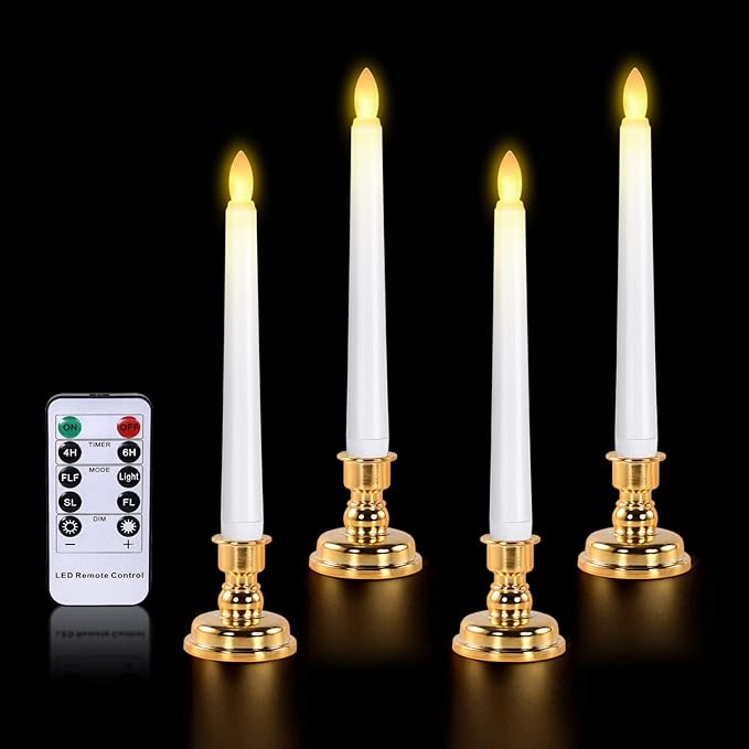 JOSU LED Window Candles, Christmas Flameless Window Candle Lights with Timer Battery Operated, 4 3D Wick Light Candle+4 Removable Gold Candleholders+Remote, for Decor &Festival Celebration-VerdiqueGarden